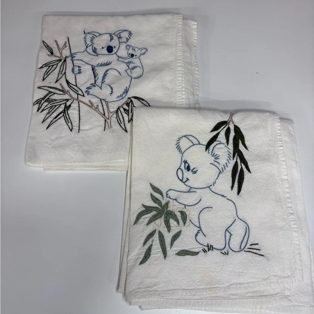 Embroidered Koala Cotton Hand Towels - White with Green & Blue Accents